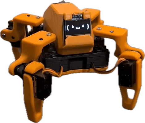 Mylo, a four-legged amber robot with a smiling face on its display